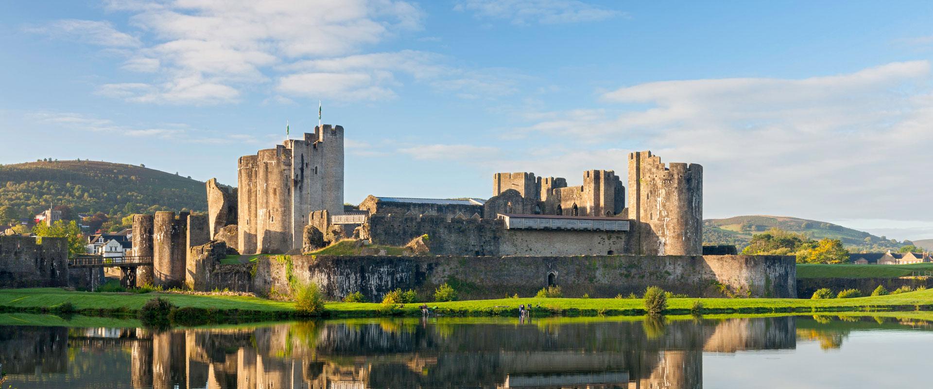 Caerphilly Castle exterior view from north lake