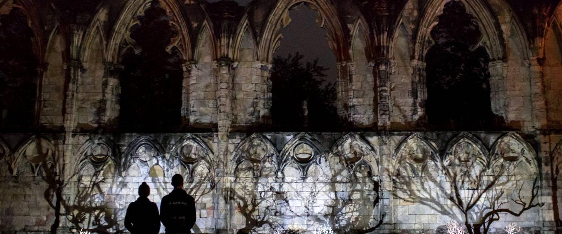 tafluniadau golau ar waliau'r abaty / light projections on the walls of the abbey