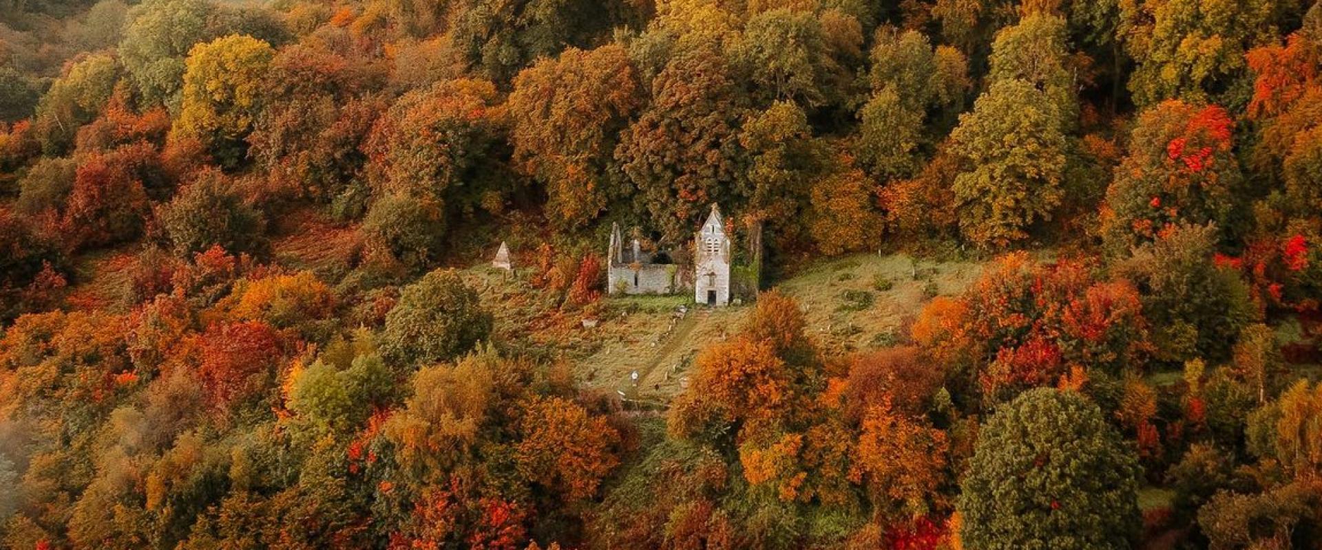 autumnal image of Ruin of St Mary's Church and churchyard