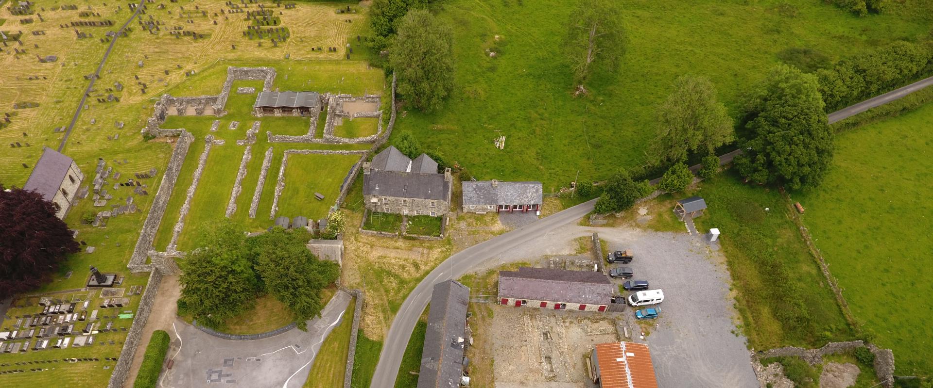 Arial shot of Strata Florida Abbey