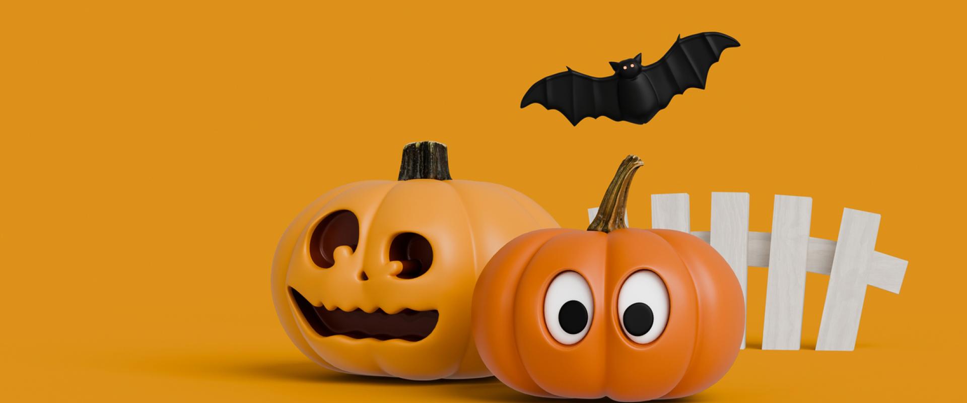 dau bwmpen ac ystlum - cartŵn / two pumpkins and bat - cartoon