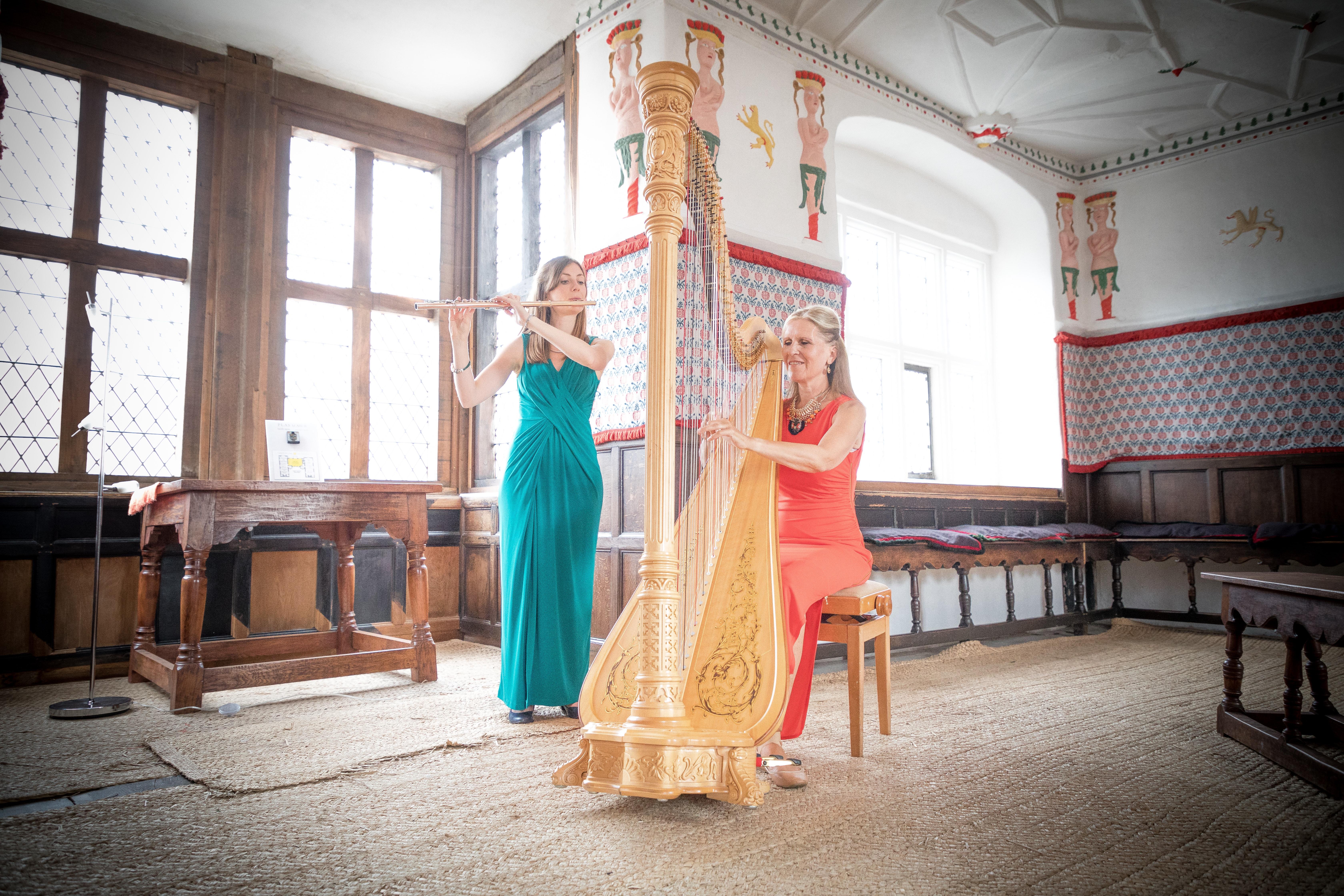 Eleni Duo playing harp and flute in Plas Mawr