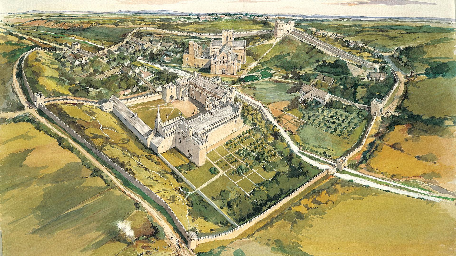 Artist impression of St Davids Bishop's Palace and cathedral